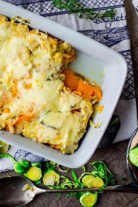 Sweet Potato and Brussels Sprouts Au Gratin