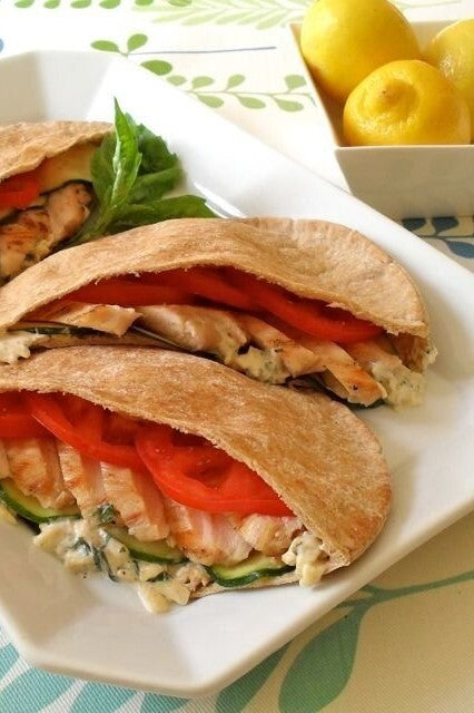 Grilled Chicken Pitas with Basil Cheddar Mayonnaise