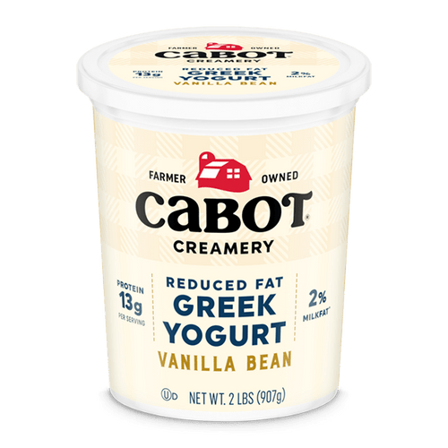 Container of Cabot Creamery vanilla bean reduced fat Greek yogurt on a white background