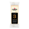 An 8 oz (220g) package of Cabot Creamerys 3 Year Cheddar Cheese, aged to perfection, sports a black label with gold accents showcasing the brands logo and cheese description.