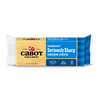 An 8 oz block of Cabot Creamery Seriously Sharp Yellow Cheddar Cheese in yellow and blue packaging, featuring award-winning flavor, naturally aged process, gluten-free status, and 0g lactose per serving.
