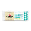 An 8 oz block of Cabot Creamery Lite50 Sharp Cheddar Cheese in white and teal packaging with nutrition highlights and branding—a flavorful, healthier cheese choice.