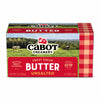 A 1 lb package of Cabot Creamerys award-winning Unsalted Butter features green pastures with cows and red plaid. The text highlights the pure sweet cream delight, includes 4 sticks, and celebrates Americas Best unsalted sweet cream butter.