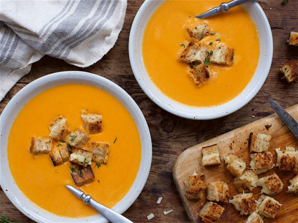 Tomato Cheddar Soup with Grilled Cheese Croutons