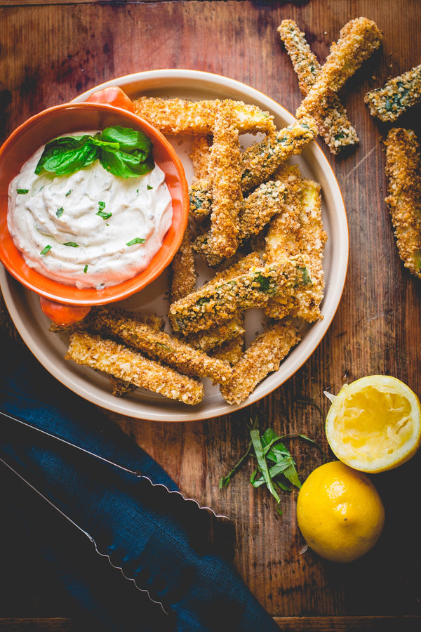 Baked Breaded Zucchini Sticks with Greek Yogurt Dip