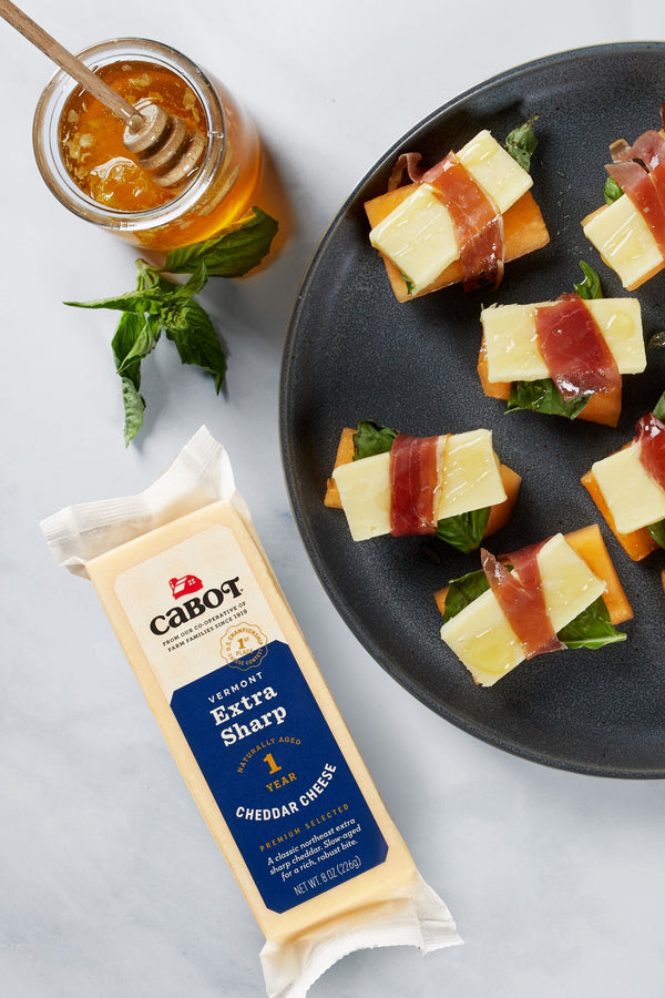 Cheddar, Basil, Prosciutto and Melon Appetizer