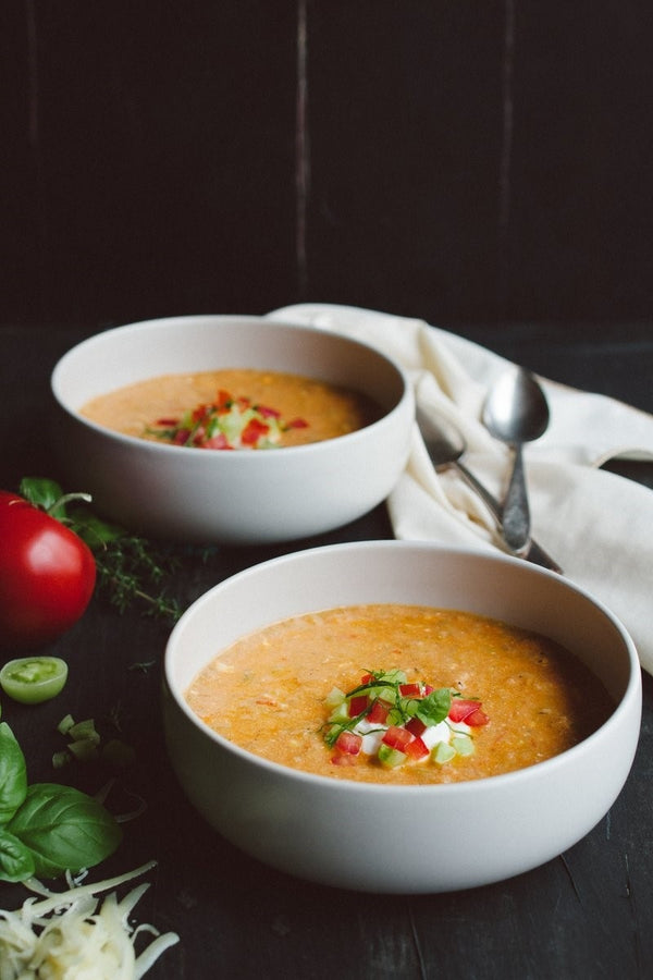Creamy Red & Green Tomato Soup with Light Cheddar