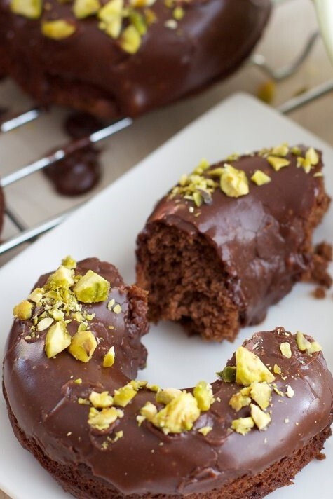Dark Chocolate Glazed Baked Doughnuts with Pistachios
