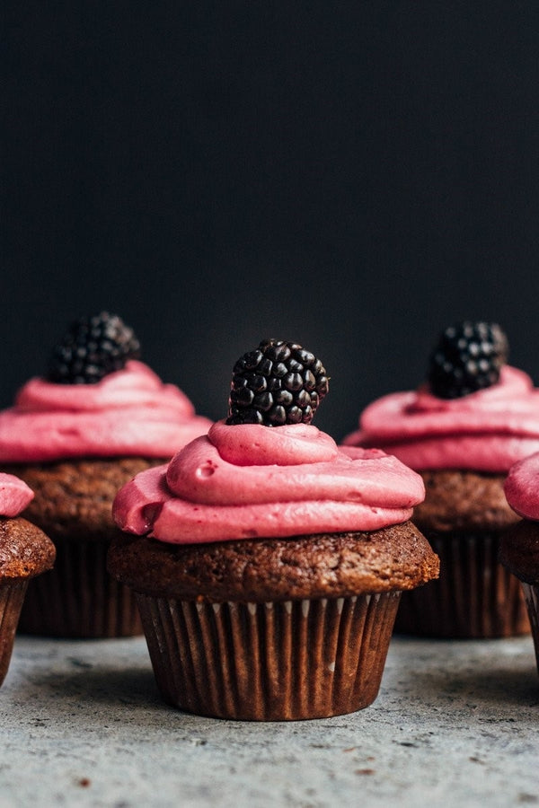 Greek Yogurt Chocolate Cupcakes with Blackberry Frosting