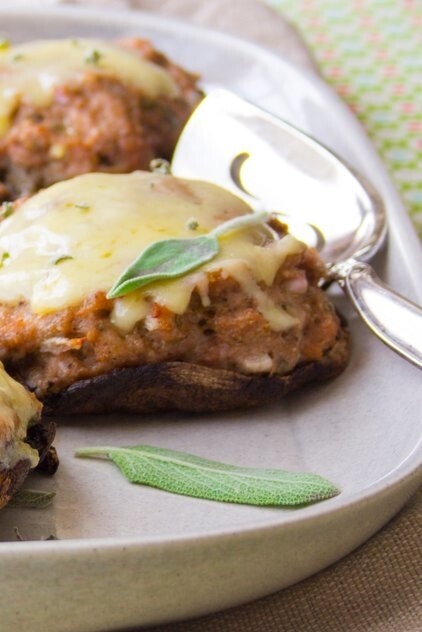 Grilled Cheesy Portobello Caps with Turkey & Sage