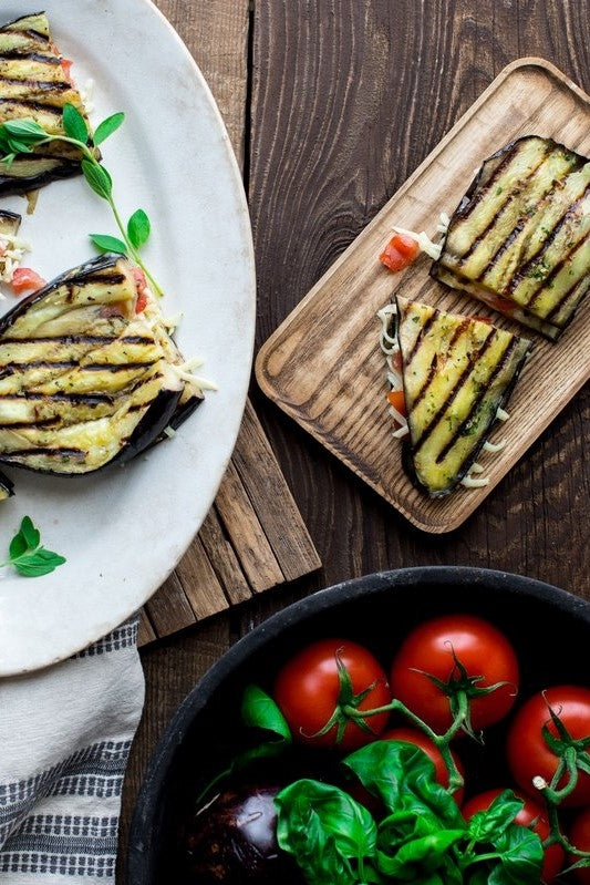 Grilled Eggplant with Tomatoes & Cheddar