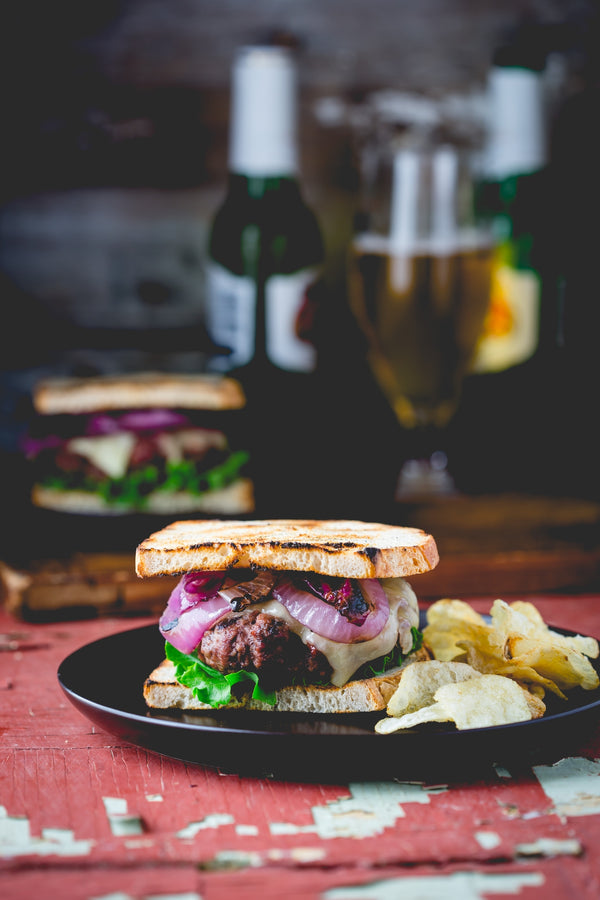 Grilled Onion Cheddar Burgers with Horseradish
