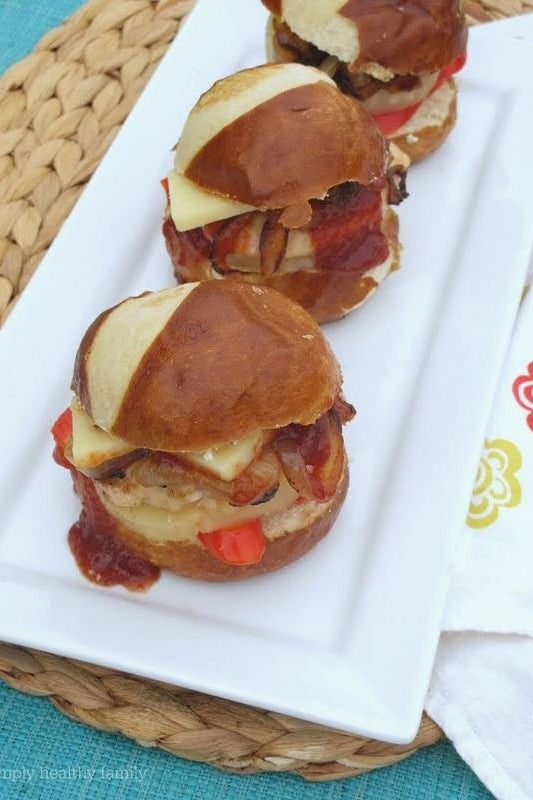 Hawaiian Pineapple Chicken Sliders on Pretzel Buns