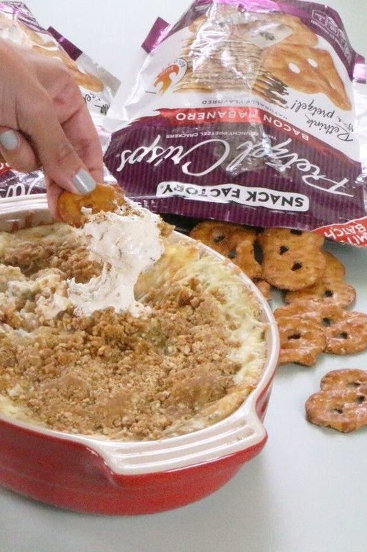 Hot Garlic Cheese Dip with Pretzel Crumb Topping