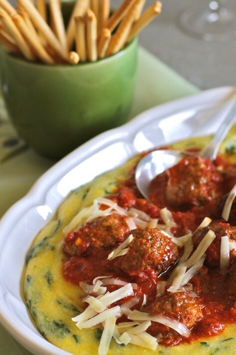Meatballs Marinara with Cheddar-Spinach Polenta