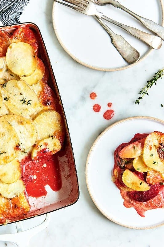 Potato, Beet & Cheddar Gratin