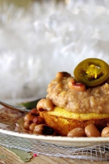 Refried Black Eyed Peas on Jalapeño Cheddar Cornbread