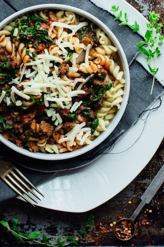 Rotini with Ground Beef & Spinach Recipe