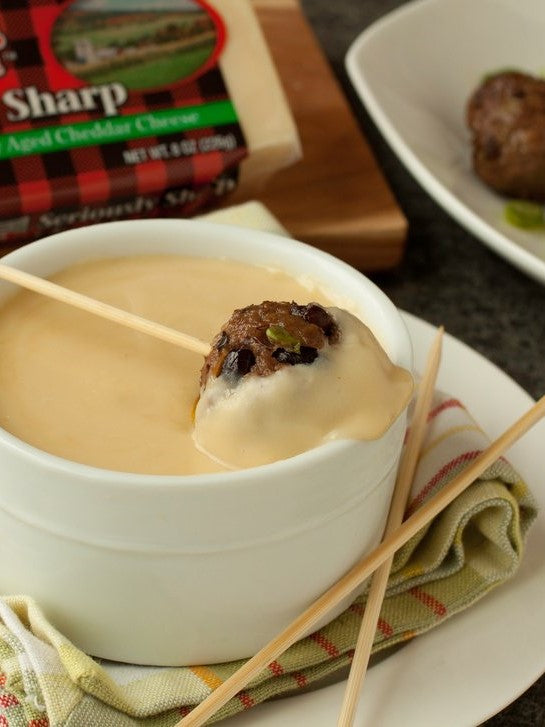 Chili Meatballs with Cheddar-Beer Dunk