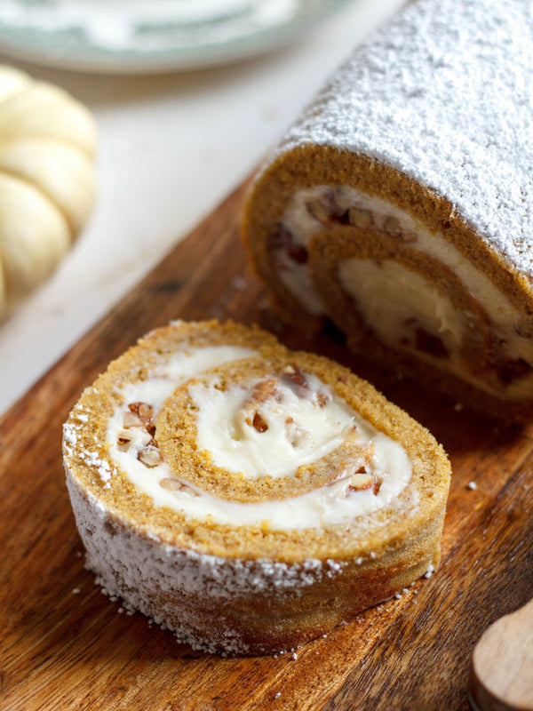 Pumpkin Swiss Roll with Maple Candied Pecans