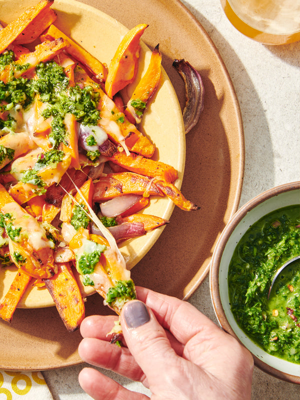 Roasted Sweet Potato Poutine with Chimichurri