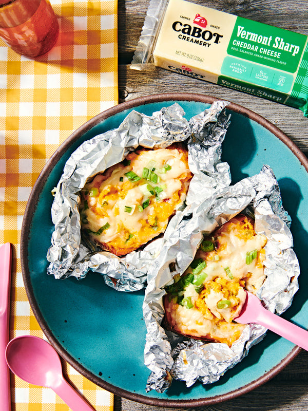 Spicy Twice Baked Sweet Potatoes with Bacon & Cheddar