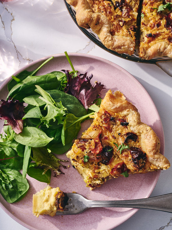Cheddar Tomato Leek Quiche with Sour Cream Bacon Crust