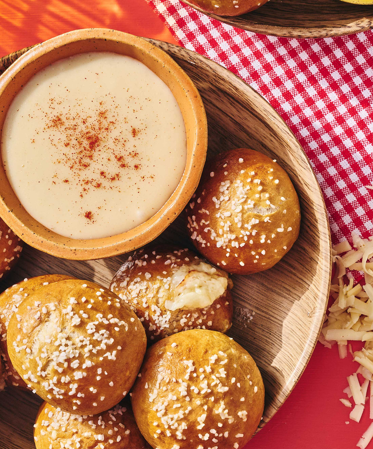Cheddar Stuffed Pretzel Bites with Cheddar Beer Sauce