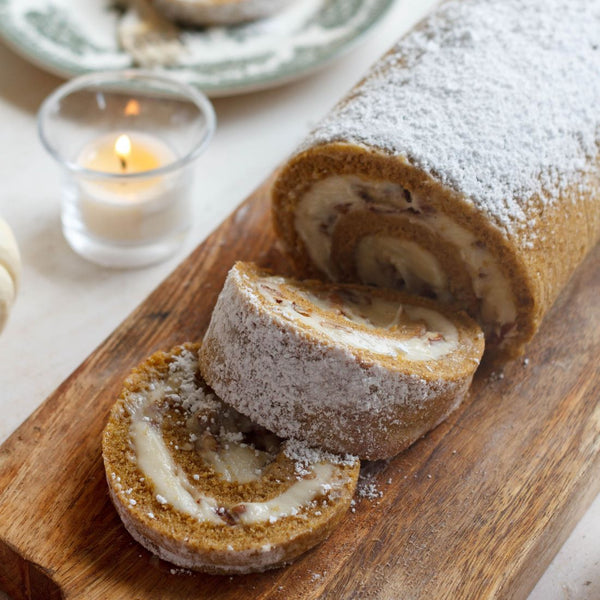 Pumpkin Swiss Roll with Maple Candied Pecans