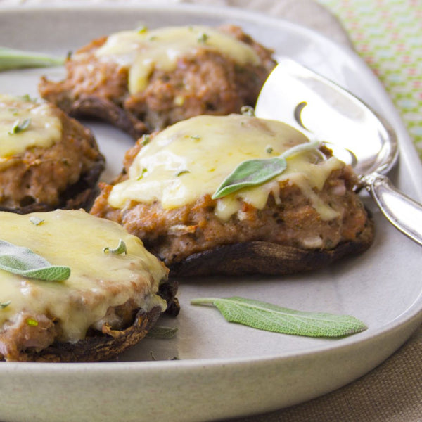 Grilled Cheesy Portobello Caps with Turkey & Sage