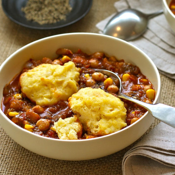 Eggplant & Chickpea Stew with Cheddar Dumplings