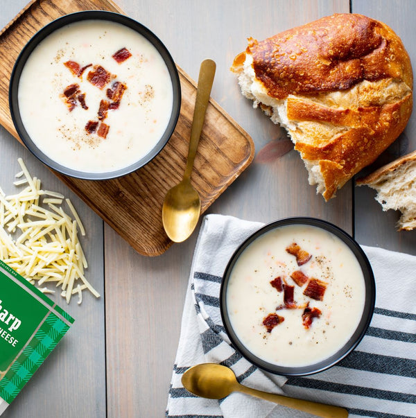 Cheddar-Ale Soup with Bacon Fat Croutons & Candied Bacon