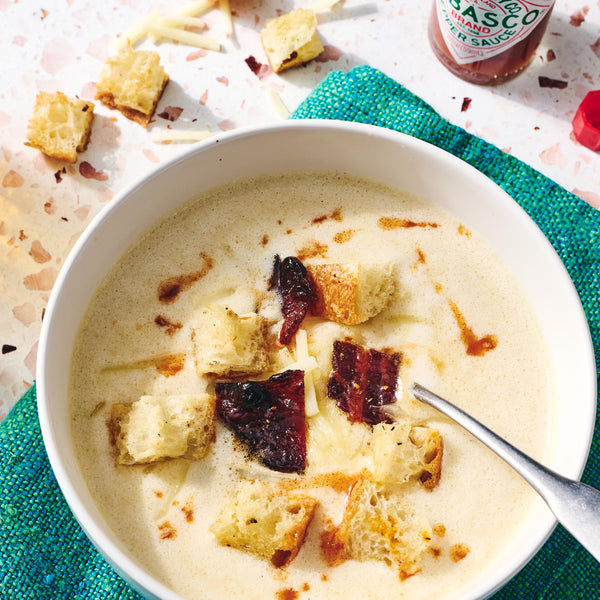 Cheddar-Ale Soup with Bacon Fat Croutons & Candied Bacon