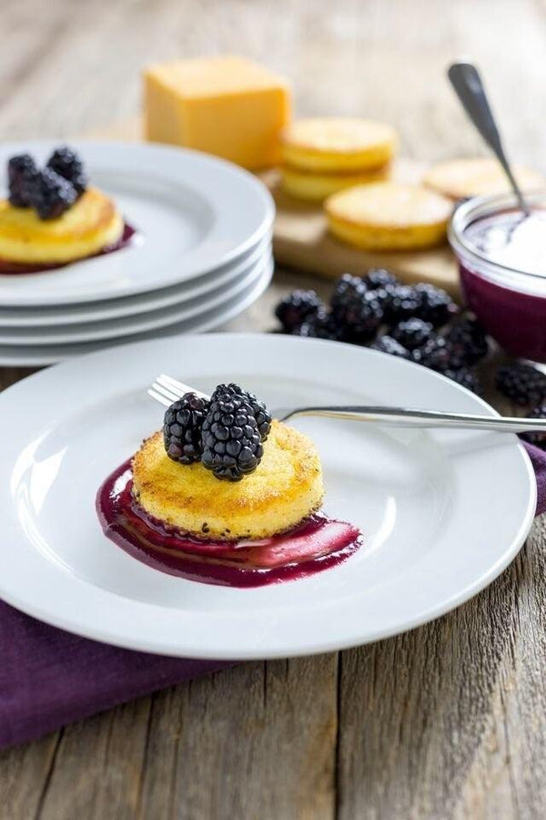 Seriously Sharp Cheddar Polenta Cakes with a Spicy Blackberry Sauce