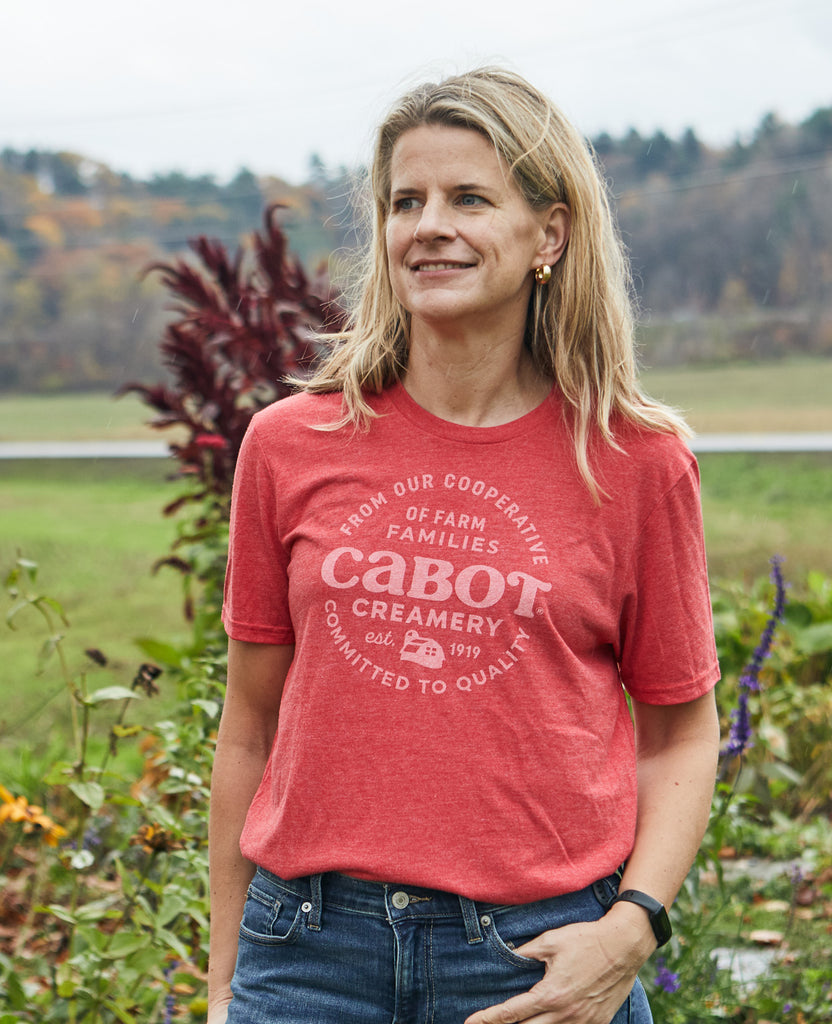 Woman wearing Cabot Tee merch