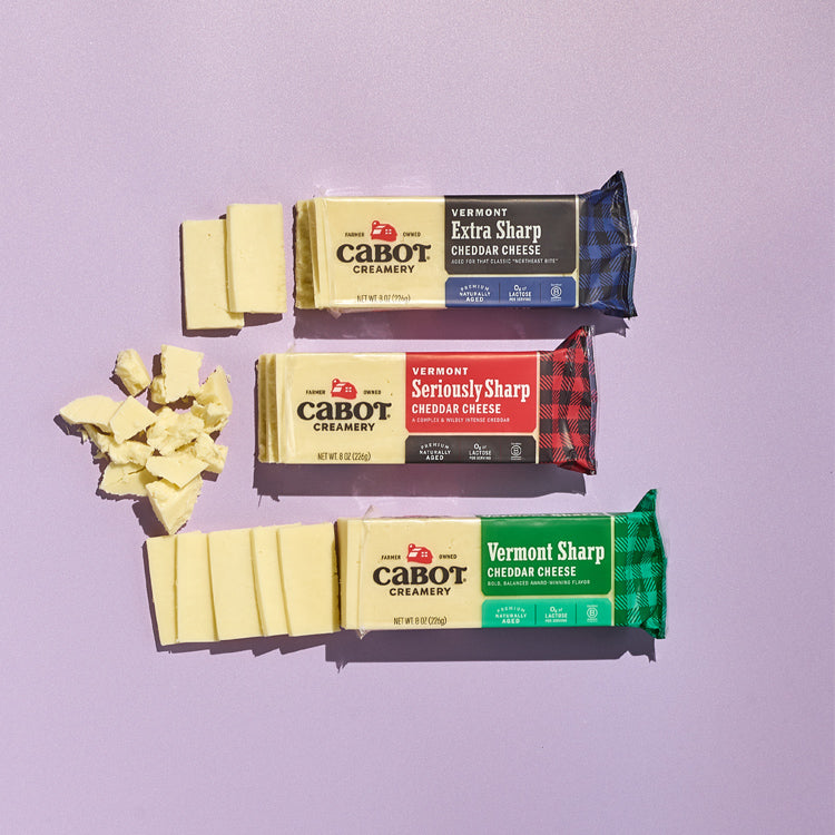 Cabot Cheddar Cheese on purple background