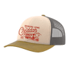 The Bringing Home the Cheddar Hat by New Duds is a vintage beige and olive green trucker cap with a gray mesh back, adjustable snapback, red text, and a Cabot delivery truck graphic reading “Bringing Home the Cheddar.”.