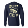 The Butter Long Sleeve T-shirt by New Duds features a navy blue heavyweight cotton fabric with a butter stick, mountains, and "It doesn't get any butter than Vermont" above the Cabot Creamery logo—a cozy tee for Vermont fans.