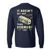 The Butter Long Sleeve T-shirt by New Duds is a navy heavyweight tee made from 100% ring-spun cotton, featuring a yellow butter stick and mountain graphic with “It doesn’t get any butter than Vermont” celebrating Cabot Creamery’s heritage.