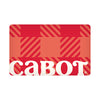 The Cabot Creamery Gift Card is a rectangular card with a red and orange plaid pattern, featuring diagonal stripes and blocks, and the word cabot in large white lowercase letters at the bottom.