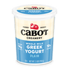 Cabot Creamery Plain Greek Yogurt comes in a 2-pound container with a white lid and blue/cream label. This whole milk yogurt has 14g protein per serving and 10% milkfat.