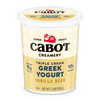 A 2-pound container of Cabot Creamery Triple Cream Vanilla Bean Greek Yogurt with 11g protein and 10% milkfat per serving comes in a creamy yellow label featuring the Cabot logo and product details.