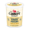 Cabot Creamery Triple Cream Vanilla Bean Greek Yogurt comes in a 2-pound container with a yellow and white label, featuring the Cabot logo, and provides 11g protein and 10% milkfat per serving.