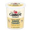 Enjoy a 2 lb container of Cabot Creamery Triple Cream Vanilla Bean Greek Yogurt—rich and creamy with 11g protein per serving and 10% milkfat. Packaged in a white tub with gold and black accents featuring the Cabot Creamery logo.