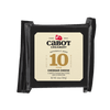 A block of Cabot Creamery 10 Year Cheddar Cheese in black packaging with a beige label, featuring Limited Reserve and rustic texture details, and Net Wt. 6.5oz (184g).