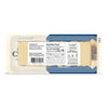 Back of Cabot Creamery 1 Year Cheddar Cheese package shows ingredients, nutrition facts (calories), allergen warnings, and notes that the pre-sliced cheese is gluten-free and lactose-free. Packaging is blue and cream-colored.