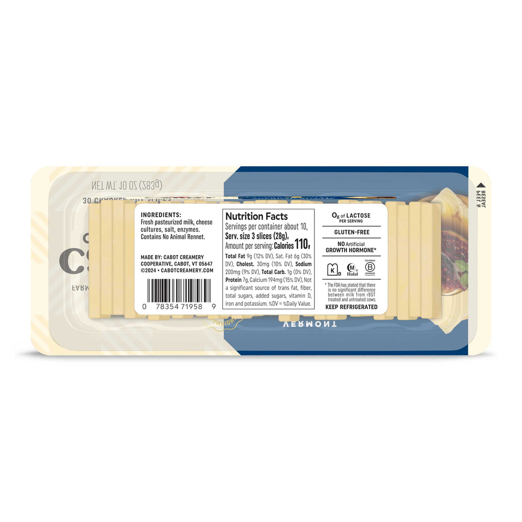 Back of Cabot Creamery 1 Year Cheddar Cheese package shows ingredients, nutrition facts (calories), allergen warnings, and notes that the pre-sliced cheese is gluten-free and lactose-free. Packaging is blue and cream-colored.