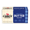 A 16 oz box of Cabot Creamery Salted Butter features a beige and blue plaid design, “Farmer Owned” logo, and text noting it includes 4 sticks of award-winning butter made by America's Best Butter makers.