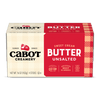 A 16-ounce box of Cabot Creamery Unsalted Butter, in red and cream plaid packaging labeled “Farmer Owned,” “Awarded Best in America,” and “Certified B Corporation”—a top-rated dairy product choice.
