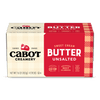 A 16 oz rectangular package of Cabot Creamery Unsalted Butter, made from pure sweet cream. It features red, cream, and white colors with award-winning dairy and co-op labels plus "Farmer Owned" on the front.